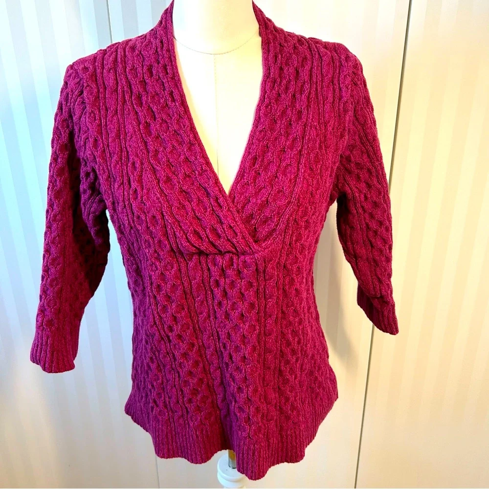 Eddie Bauer cherry pink cable knit v-neck long sleeve thick cozy sweater Size XL - Picture 1 of 11